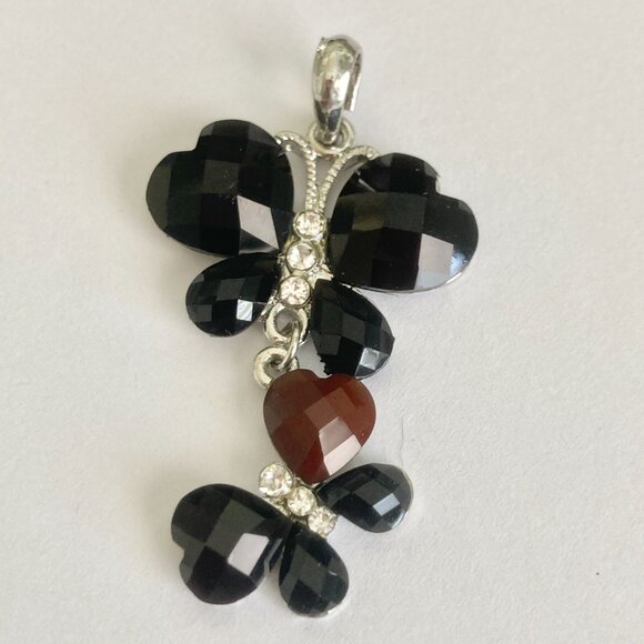 Vintage Black Acrylic Butterfly Necklace Pendant Silver Plated Jeweled Cut 18" - Picture 5 of 8